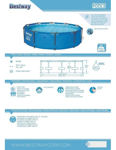 Piscina Desmontable Tubular Steel Pro max Ø305x76cm. Bestway 56406  - 4 